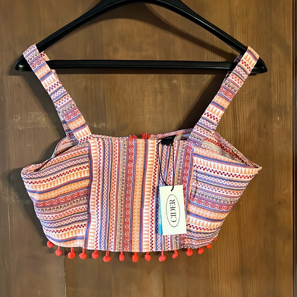 LARGE CIDER POM POM TASSEL CROP TOP NWT